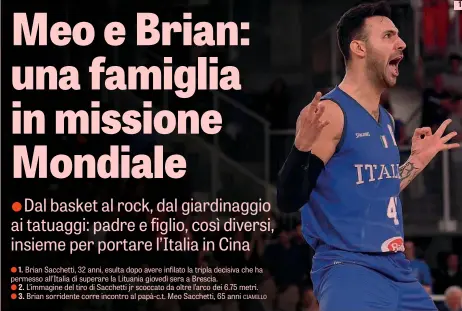  ??  ?? G 1. Brian Sacchetti, 32 anni, esulta dopo avere infilato la tripla decisiva che ha permesso all’Italia di superare la Lituania giovedì sera a Brescia.G 2. L’immagine del tiro di Sacchetti jr scoccato da oltre l’arco dei 6.75 metri. G 3. Brian sorridente corre incontro al papà-c.t. Meo Sacchetti, 65 anni CIAMILLO