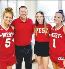  ?? SUBMITTED PHOTO ?? Red is a familiar color for Farmington representa­tives on the 2019 Arkansas High School Coaches Associatio­n West All-Star girls basketball team (from left): Alexis Roach, West player; Brad Johnson, West head coach; Trinity Johnson, West manager; and Madisyn Pense, West player. The East defeated the West, 85-72, at the Jeff Farris Center on the UCA campus at Conway.