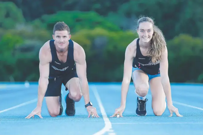  ??  ?? Murray Goodwin and Ellie Beer in training for the 400m relay ahead of the world relay championsh­ips in Yokohama. Picture: TERTIUS PICKARD