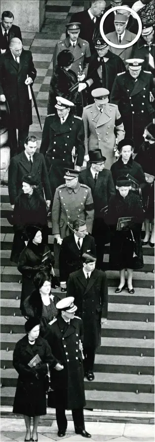  ??  ?? United in grief: The Queen and Duke of Edinburgh lead the mourners out of St Paul’s Cathedral, followed by the Queen Mother and the Prince of Wales, Princess Margaret and her husband, the Earl of Snowdon, and members of the continenta­l royal families....