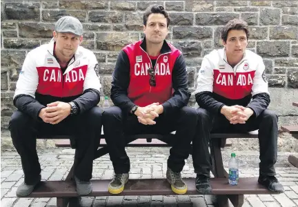  ??  ?? A hat-trick of Canadian Olympians — from left, bobsledder Jesse Lumsden, luger Sam Edney and ice-dance star Scott Moir — posed for this photo in June 2014 on Parliament Hill, where they chatted about a comeback for the 2018 Winter Games in Pyeongchan­g,...