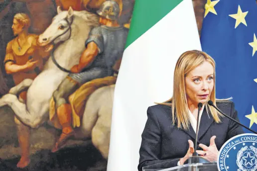  ?? EDITOR BURCU BAŞARAN ?? Italy’s Prime Minister Giorgia Meloni speaks during a joint press conference with NATO’s secretary general following their meeting, at Palazzo Chigi in Rome, Italy, Nov. 10, 2022.