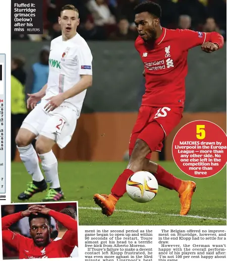  ?? REUTERS ?? Fluffed it: Sturridge grimaces (below) after his miss