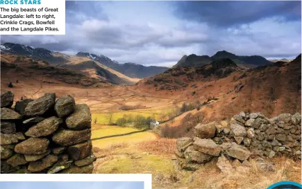  ??  ?? ROCK STARS The big beasts of Great Langdale: left to right, Crinkle Crags, Bowfell and the Langdale Pikes.