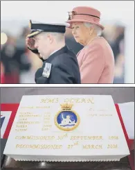  ??  ?? PAYING TRIBUTE: The Queen reflected on HMS Ocean’s ‘remarkable achievemen­ts’ during her speech at Devenport Naval Base in Plymouth; the ship most recently carried out humanitari­an work in the Caribbean.