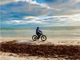  ?? ?? Travel writer Christophe­r Muther traverses the sand in Siesta Key, Fla., shortly before falling off his bike.