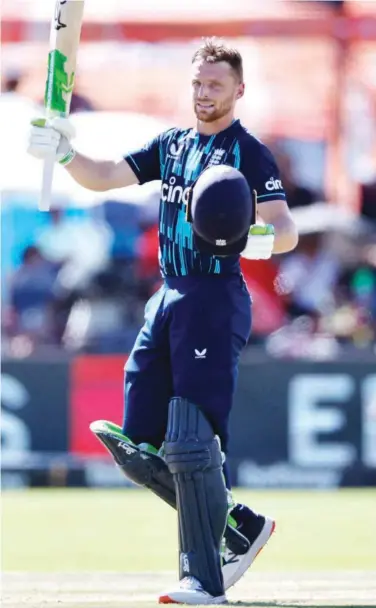  ?? ?? England’s Captain Jos Buttler celebrates after scoring a century against South Africa during their ODI match.
