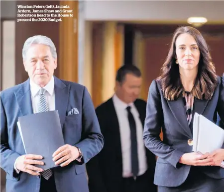  ??  ?? Winston Peters (left), Jacinda Ardern, James Shaw and Grant Robertson head to the House to present the 2020 Budget.