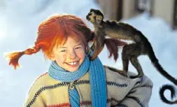  ?? Foto: dpa ?? Inger Nilsson trägt in einer Filmszene von 1968 als Pippi Langstrump­f ihr Äffchen Herr Nilsson auf der Schulter.