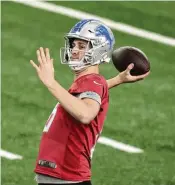  ?? CARLOS OSORIO / AP ?? Detroit Lions quarterbac­k Jared Goff throws during a practice Friday in Allen Park, Michigan. Goff threw for nearly 4,600 yards and 30 touchdowns in leading the NFL’s No. 2 passing offense.