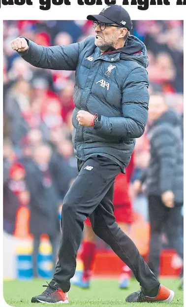  ??  ?? Jurgen Klopp displays the passion and emotion that has been a feature of his side’s charge towards the title
