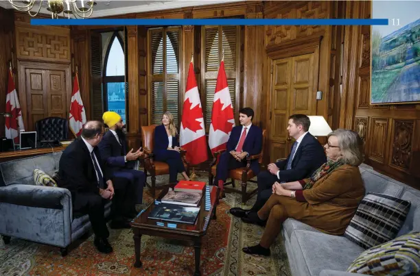  ?? Adam Scotti photo ?? Prime Minister Justin Trudeau and Heritage Minister Mélanie Joly meeting with other party leaders in November 2018 on the situation of Ontario francophon­es following program cuts by the Ford government.