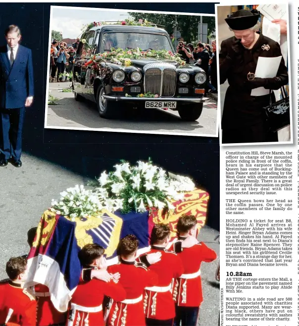  ??  ?? Solemn:S Prince Philip, William, Earl Spencer, Harry and Charles prepare to follow Diana’s coffin. Inset, the flower-strewn hearse, and, left, the Queen appears to wipe away a tear at the funeral service