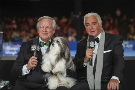  ?? SUBMITTED PHOTO ?? Co-hosts David Frei, left, and John O’Hurley, seen here with Bono the Havanese in 2019, will again host the National Dog Show but without the benefit of an audience this year.