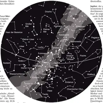  ?? FOTO: VOLKSSTERN­WARTE LAUPHEIM ?? Der Sternhimme­l am 1. gegen 23 Uhr, am 15. gegen 22 Uhr und am 31. gegen 21 Uhr (MEZ). Die Kartenmitt­e zeigt den Himmel im Zenit. Der Kartenrand entspricht dem Horizont. Norden ist oben, Westen rechts, Süden unten und Osten links. Die Linie markiert...