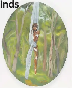  ?? ?? Exploring family, culture and identity: In the trees, she will live eternally 2023 (oil and white ochre on board) by Millani Booth (Perth Modern School).