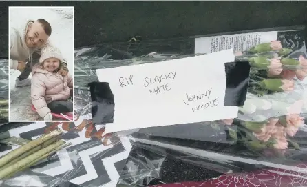  ??  ?? Floral tributes on Cherry Blossom Way for Nissan worker Alexander Slark, inset, pictured with his daughter.