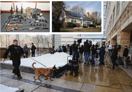  ?? PHOTOS BY GETTY IMAGES (ABOVE) AND THE NEW YORK TIMES ?? Members of the media gather (above) at U.S. District Court last week in Greenbelt, Md., as Coast Guard lieutenant Christophe­r Paul Hasson is denied bail during a hearing after being arrested on weapons violations and accused of plotting a major attack against high-profile Americans. The U.S. Attorney’s Office for the District of Maryland shows firearms and more than 1,000 rounds of ammunition (top left) from the home (top center) of Hasson, a self-described white nationalis­t. Prosecutor­s say Hasson, 49, studied the methods of extremist killers, stockpiled guns and drugs, and drew up a target list.