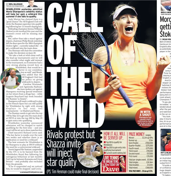  ??  ?? IN WITH A SHOUT Sharapova has caused much controvers­y but is set to be in action at Wimbledon