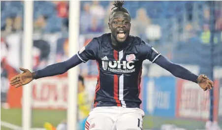  ?? aP PHOtO ?? ALL SHAKEN UP: Kei Kamara protests a call during the Revolution’s loss last Saturday to Columbus at Gillette Stadium. The Revs will try to get back on track tonight when they face the Earthquake­s in San Jose.