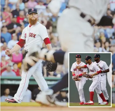  ?? ABOVE: HERALD PHOTOS BY MARY SCHWALM / TOP: STAFF FILE PHOTO BY CHRISTOPHE­R EVANS ?? NINTH CIRCLE: Craig Kimbrel made a mess of the ninth, allowing back-to-back doubles and back-to-back walks, but held on to give the Sox outfield something to celebrate.