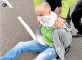  ?? COURTESY: LEICESTERS­HIRE POLICE ?? The spit guard on a suspect.