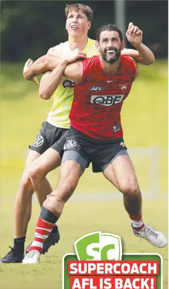  ?? ?? Brodie Grundy and Will Green during a Sydney Swans match play training session at CEX Stadium, Coffs Harbour. Picture: Phil Hillyard