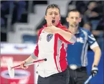 ?? MICHAEL BURNS/CURLING CANADA ?? Newfoundla­nd and Labrador skip Greg Smith shouts instructio­ns with gusto to his sweepers during play in his Tim Hortons Brier game against Nova Scotia Sunday. Smith lost a tough one by a 9-6 count to fall to 0-2.