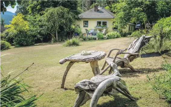  ??  ?? Bev Thompson has created several seating areas on her half-acre property. There are contempora­ry pieces on the deck, a willow bench tucked in a hedge and on the lawn are driftwood pieces that were made by artisans in Coombs.