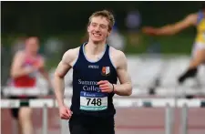  ??  ?? Shane Mooney of Summerhill College Sligo celebrates after competing in the Senior Boys 110m Hurdles event.