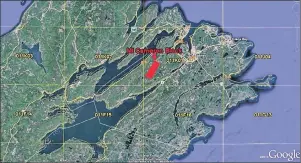  ?? SUBMITTED PHOTO ?? This image provided by Genius Properties Ltd. shows the area of mining exploratio­n in Cape Breton by the Montreal-based company. It is located on seven licences owned by Genius, which acquired the property in October 2016.