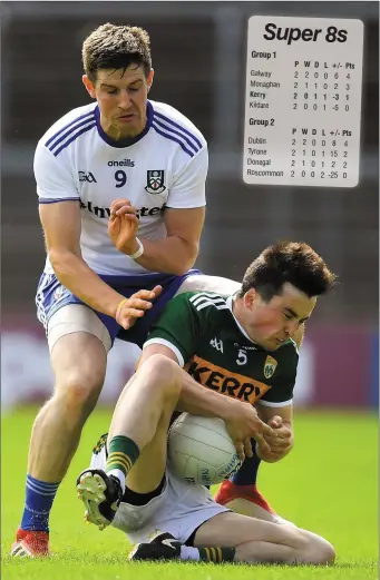  ??  ?? Paul Murphy in action against Darren Hughes during Sunday’s All-Ireland SFC Super 8 game in Clones, Monaghan. Photo by Sportsfile