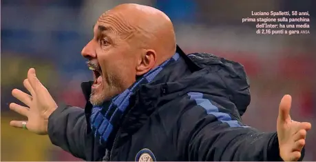  ?? ANSA ?? Luciano Spalletti, 58 anni, prima stagione sulla panchina dell’Inter: ha una media di 2,16 punti a gara