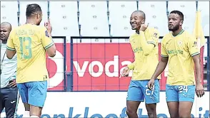  ?? (Pic: BackpagePi­x) ?? Thapelo Morena of Mamelodi Sundowns celebrates a goal with teammates during the DStv Premiershi­p 2022/23 match between Mamelodi Sundowns and Richards Bay at Loftus Stadium in Pretoria on Tuesday.