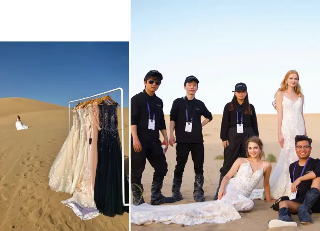  ??  ?? at work (Clockwise from above) At the Gobi desert for the 2019 CocoMelody collection; Quiñones with his team; Attending to a brideto-be at the Los Angeles showroom; An RTW ensemble; Sketches by the designer