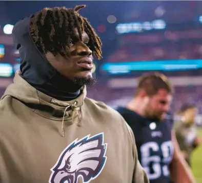  ?? CHRIS SZAGOLA/AP ?? The Eagles’ Jordan Davis looks on during Sunday’s game against the Packers in Philadelph­ia.