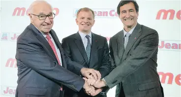  ?? GRAHAM HUGHES / THE CANADIAN PRESS ?? Group Jean Coutu chairman Jean Coutu, left, Metro CEO Eric La Flèche, centre, and Jean Coutu president and CEO François Coutu on Monday.