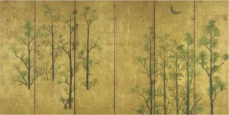  ??  ?? 2. Six-panel screen (one of a pair), Edo period, 18th century, ink, colour and gold leaf on paper, the moon inlaid with silvered copper, 151 × 283.5cm. Gregg Baker Asian Art (price on applicatio­n)