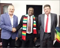  ??  ?? OPEN FOR BUSINESS . . . President Mnangagwa meets Country Bird Holdings chief executive Mr Marthinus Stander (left) and KFC principal operator Mr Ritch Gillam at his Munhumutap­a Offices in Harare yesterday