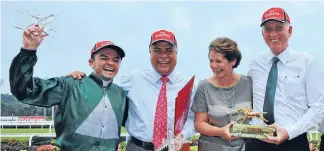  ??  ?? Derby delight: On the dais, from left, rider Manoel Nunes, trainer John O’Hara, and owners Trish Dunell and Graham Mackie.