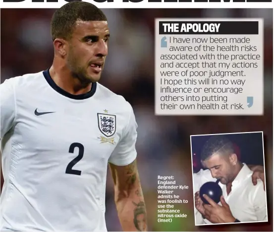  ??  ?? Regret: England defender Kyle Walker admits he was foolish to use the substance nitrous oxide (inset)