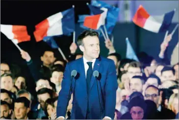  ?? AFP ?? French President and LREM party candidate for re-election Emmanuel Macron after his victory in France’s presidenti­al election, at the Champ de Mars in Paris, on Sunday.