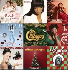  ?? (Decca-Capitol-UMG/Motown/Snafu Records/Warner/Rhino-Warner/UMG/Loma Vista-Concord/Vandross Music LLC and Primary Wave Music/Sony via AP) ?? This combinatio­n of photos show album art for “A Family Christmas” by Andrea Bocelli with Matteo and Virginia Bocelli, top row from left; “Christmas with Brandy” by Brandy; “Under the Tree” by Ally Brooke; second row from left, “Christmas” by Cher;“Chicago Greatest Christmas Hits”; “Ella Wishes You A Swinging Christmas” by Ella Fitzgerald; bottom row from left, “Christmas Songs” by David Foster and Katherine McPhee; “Luther Vandross Classic Christmas”; and “Just A Dirtbag Christmas” by Wheatus.