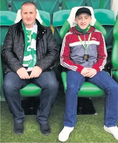  ??  ?? POIGNANT James and his dad Joe together on trip to Celtic Park. The young man lost his life in tragic circumstan­ces