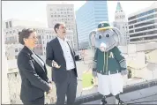  ?? LAURA A. ODA — STAFF ARCHIVES ?? Oakland Mayor Libby Schaaf and A’s President Dave Kaval speak to the media after raising the A’s flag on the roof of Oakland City Hall on March 28.