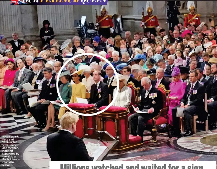  ?? ?? Royals apart: Kate and William, left, with Harry and Meghan, right, sit separated by the aisle as Boris Johnson reads the lesson