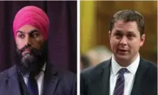  ?? THE CANADIAN PRESS FILE PHOTOS ?? As the Jagmeet Singh-led NDP fails to attract voters, Andrew Scheer’s Tories are losing long-held seats to the Liberals, Chantal Hébert writes.
