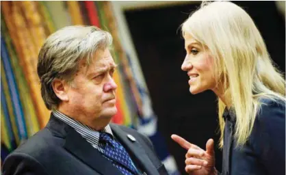  ??  ?? WASHINGTON: File photo shows Trump advisor Steve Bannon (left) and Counselor to US President Donald Trump, Kellyanne Conway talking before a meeting in Washington, DC. — AFP