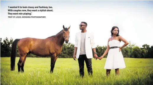  ?? PHOTOS COURTESY OF TROY ST. LOUIS ?? Francis Mavula and Nancy Kalinda, who loves horses, went to great lengths for their engagement photos. In one day, they were photograph­ed in five different settings.