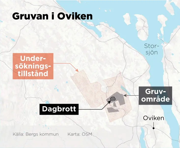  ?? ?? Kartan visar Aura Energys planer på en gruva i Oviken i närheten av Östersund.